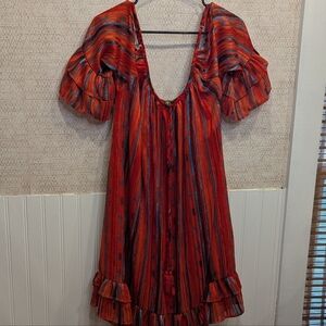 NWOT Lucky & Blessed Vertical Stripe Cold Shoulder Dress Large, Orange Turquoise